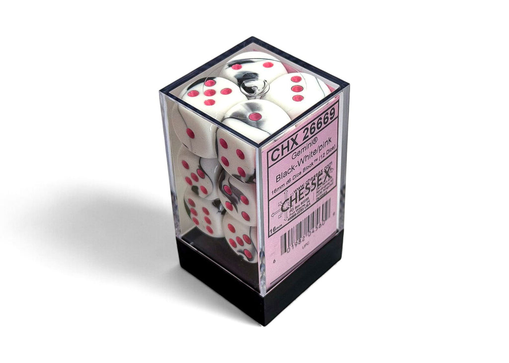 CHX 26669 Gemini Black-White/pink 16mm d6 Dice Block (12 dice)