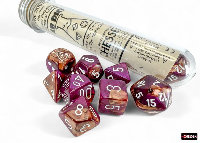 CHX 30071 Gemini Copper-Purple/white Polyhedral 7-Dice Set (with bonus die)