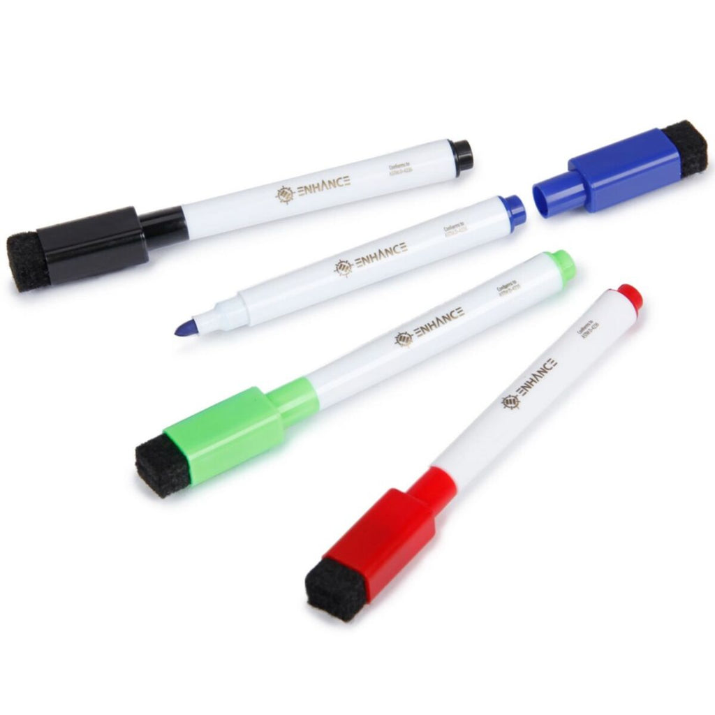 ENHANCE Dry Erase Markers- 4 Pack Fine Tip with Built-in Eraser (Blue & Red & Green & Black)