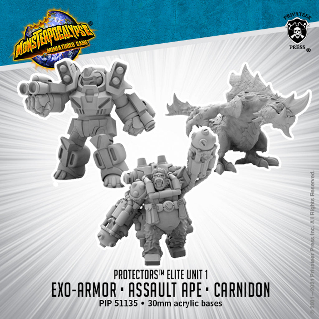 Monsterpocalypse: Carnidon, Exo-Armor, and Assault Ape – Protectors Alternate Elite Unit - 51135s - PIP-50010