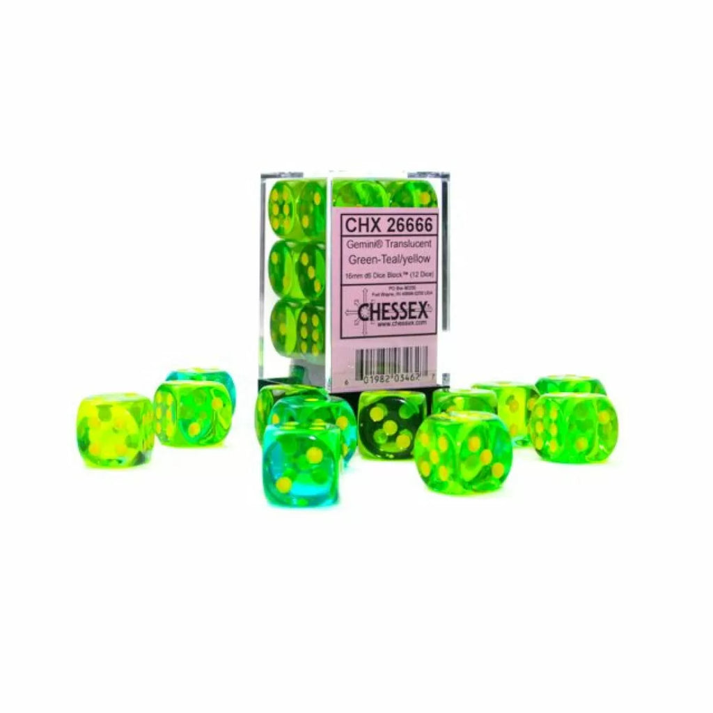 CHX 26666 Gemini 16mm d6 Translucent Green-Teal/Yellow Block (12)