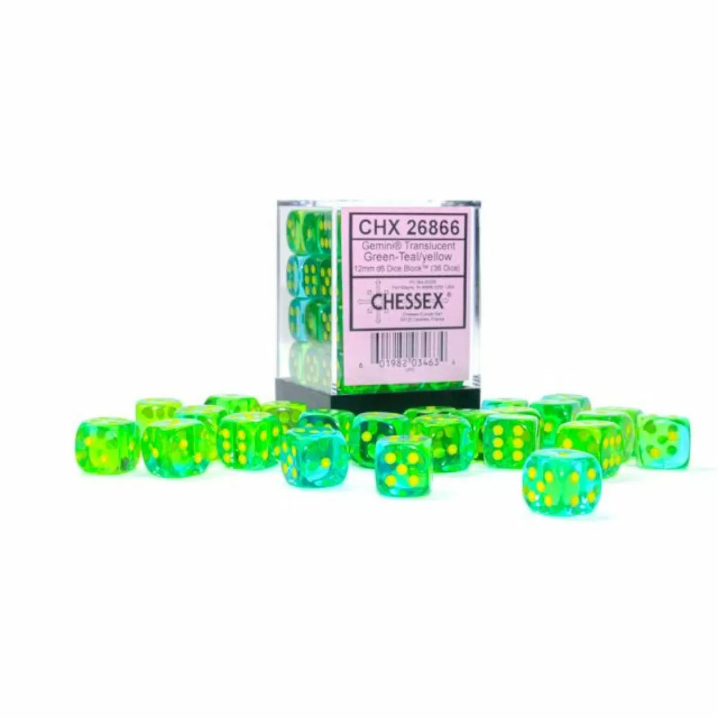 CHX 26866 Gemini 12mm d6 Translucent Green-Teal/Yellow Block (36)