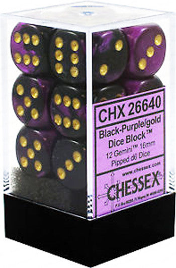 CHX 26640 Gemini 16mm d6 Black-Purple/gold Dice (12)