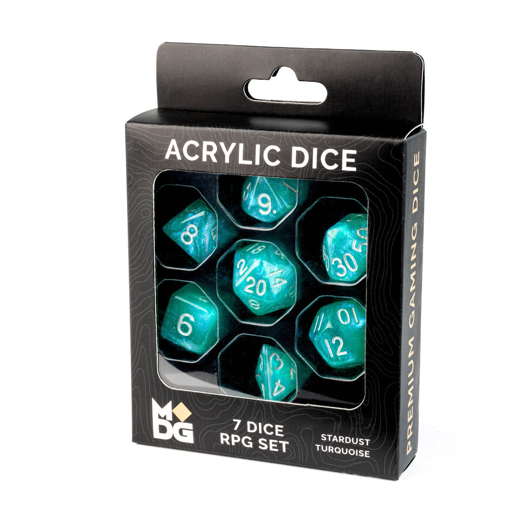 MDG Acrylic 16mm Polyhedral Dice Set - Stardust Turquoise