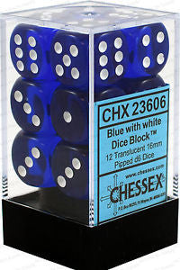 D6 Dice Translucent 16mm Blue/White (12 Dice in Display)