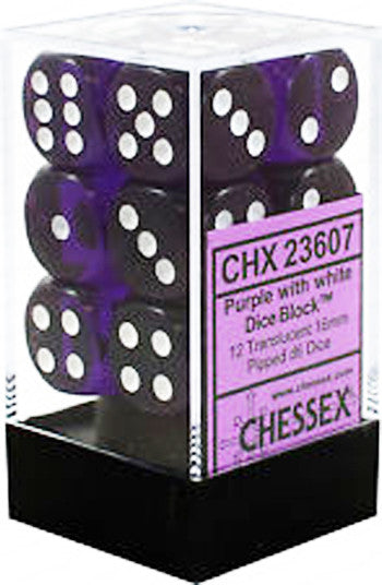 D6 Dice Translucent 16mm Purple/White (12 Dice in Display)