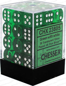 D6 Dice Translucent 12mm Green/White (36 Dice in Display)