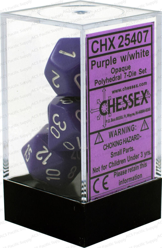 D7-Die Set Dice Opaque Polyhedral Purple/White (7 Dice in Display)