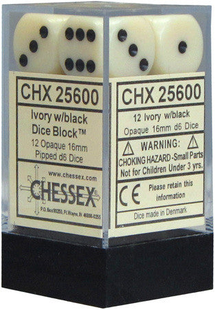 D6 Dice Opaque 16mm Ivory/Black (12 Dice in Display)