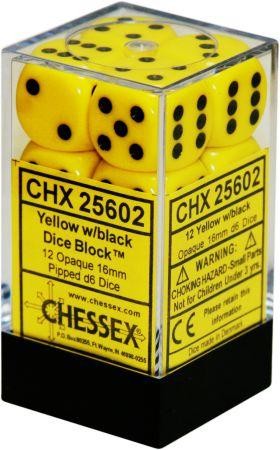 D6 Dice Opaque 16mm Yellow/Black (12 Dice in Display)