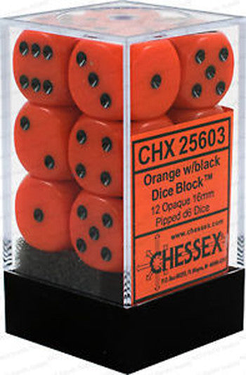 D6 Dice Opaque 16mm Orange/Black (12 Dice in Display)