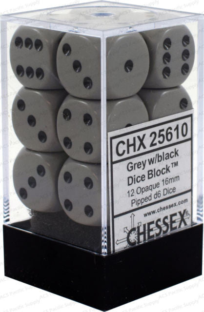 D6 Dice Opaque 16mm Grey/Black (12 Dice in Display)