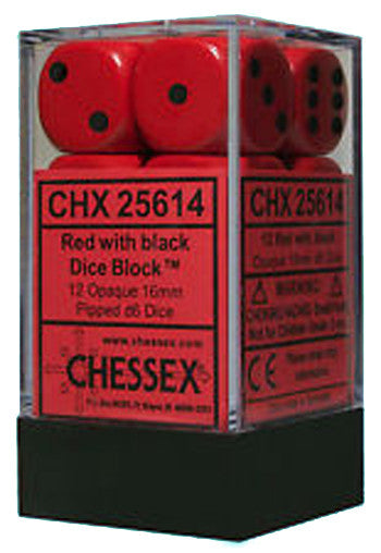 D6 Dice Opaque 16mm Red/Black (12 Dice in Display)