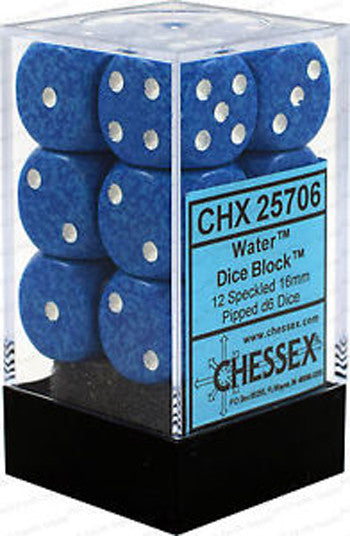 D6 Dice Speckled 16mm Water (12 Dice in Display)