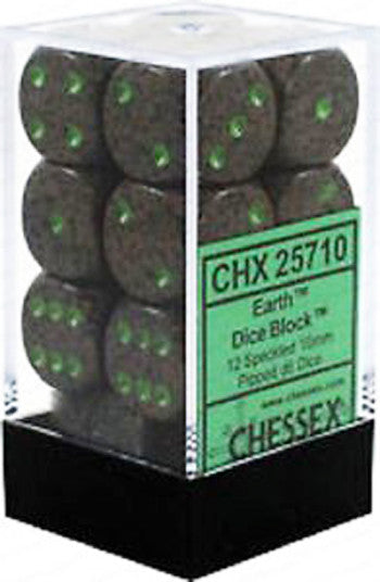 D6 Dice Speckled 16mm Earth (12 Dice in Display)