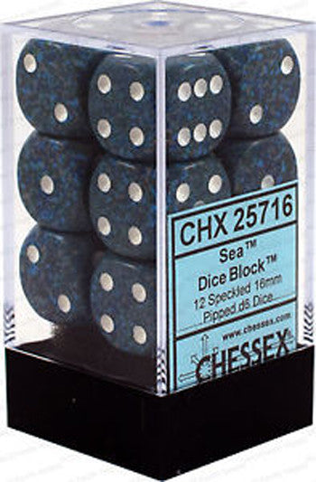 D6 Dice Speckled 16mm Sea (12 Dice in Display)