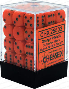 D6 Dice Opaque 12mm Orange/Black (36 Dice in Display)