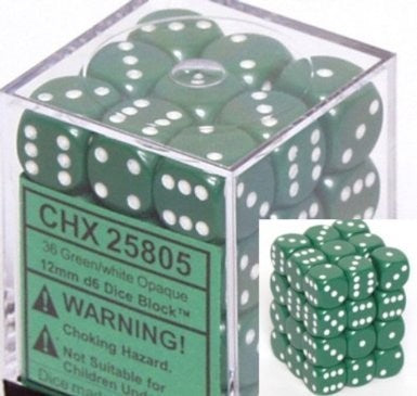 D6 Dice Opaque 12mm Green/White (36 Dice in Display)