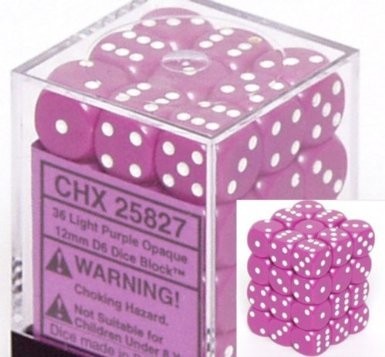 D6 Dice Opaque 12mm Light Purple/White (36 Dice in Display)