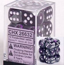 D6 Dice Gemini 16mm Purple-Steel/White (12 Dice in Display)