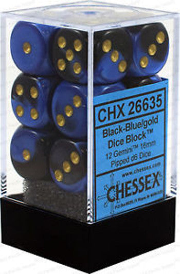 D6 Dice Gemini 16mm Black-Blue/Gold (12 Dice in Display)