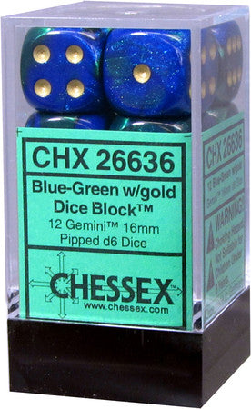 D6 Dice Gemini 16mm Blue-Green/Gold (12 Dice in Display)