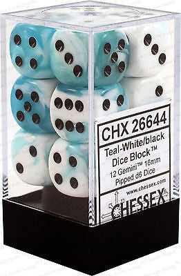 D6 Dice Gemini 16mm Teal-White/Black (12 Dice in Display)