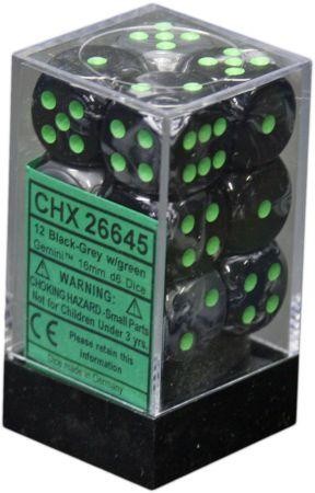 D6 Dice Gemini 16mm Black-Grey/Green (12 Dice in Display)