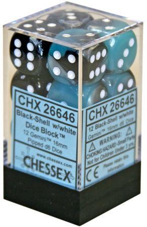 D6 Dice Gemini 16mm Black-Shell/White (12 Dice in Display)