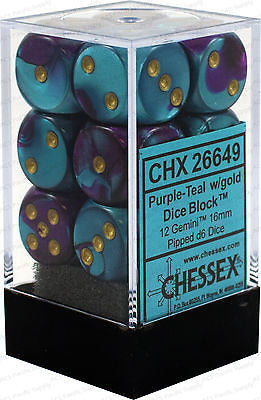 D6 Dice Gemini 16mm Purple-Teal/Gold (12 Dice in Display)