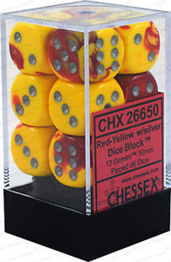 D6 Dice Gemini 16mm Red-Yellow/Silver (12 Dice in Display)