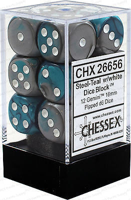 D6 Dice Gemini 16mm Steel-Teal/White (12 Dice in Display)