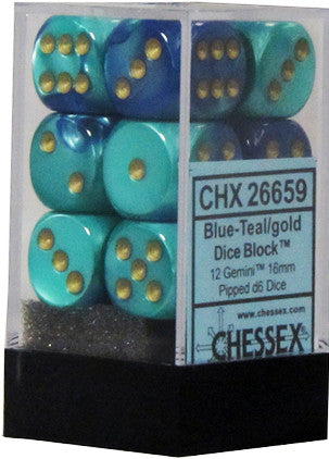 D6 Dice Gemini 16mm Blue-Teal/Gold (12 Dice in Display)