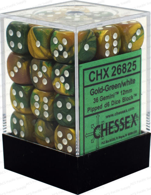 D6 Dice Gemini 12mm Gold-Green/White (36 Dice in Display)