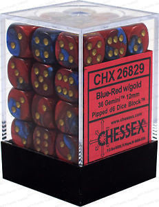 D6 Dice Gemini 12mm Blue-Red/Gold (36 Dice in Display)