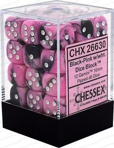 D6 Dice Gemini 12mm Black-Pink/White (36 Dice in Display)