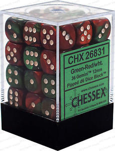 D6 Dice Gemini 12mm Green-Red/White (36 Dice in Display)