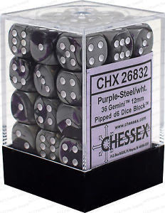 D6 Dice Gemini 12mm Purple-Steel/White (36 Dice in Display)