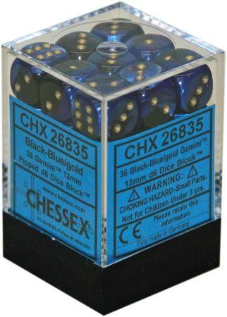 D6 Dice Gemini 12mm Black-Blue/Gold (36 Dice in Display)