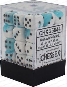 D6 Dice Gemini 12mm Teal-White/Black (36 Dice in Display)