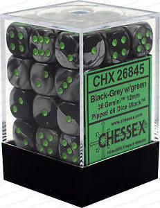 D6 Dice Gemini 12mm Black-Grey/Green (36 Dice in Display)