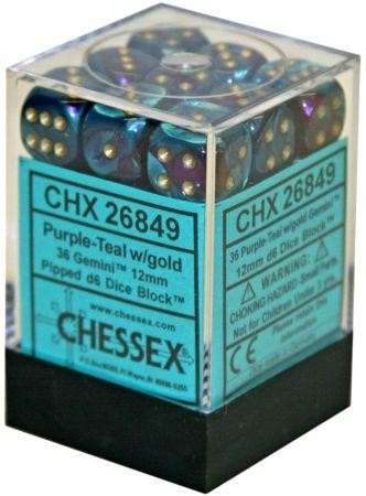 D6 Dice Gemini 12mm Purple-Teal /Gold (36 Dice in Display)