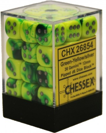 D6 Dice Gemini 12mm Green-Yellow/Silver (36 Dice in Display)