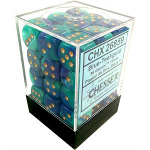 D6 Dice Gemini 12mm Blue-Teal/Gold (36 Dice in Display)