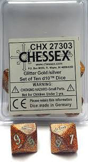 CHX 27303 D10 Tens Dice Glitter Gold/Silver (10 Dice in Display)