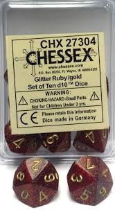 CHX 27304 D10 Tens Dice Glitter Ruby/Gold (10 Dice in Display)