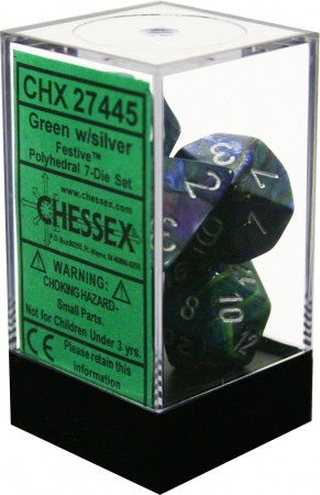 D7-Die Set Dice Festive Polyhedral Green/Silver (7 Dice in Display)