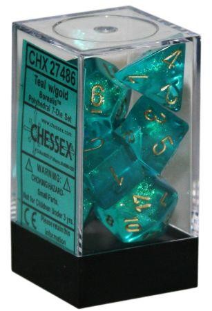 D7-Die Set Dice Borealis Polyhedral Teal/Gold (7 Dice in Display)