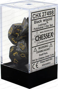 D7-Die Set Dice Lustrous Polyhedral Black/Gold (7 Dice in Display)