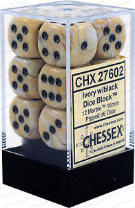 D6 Dice Marble 16mm Ivory/Black (12 Dice in Display)